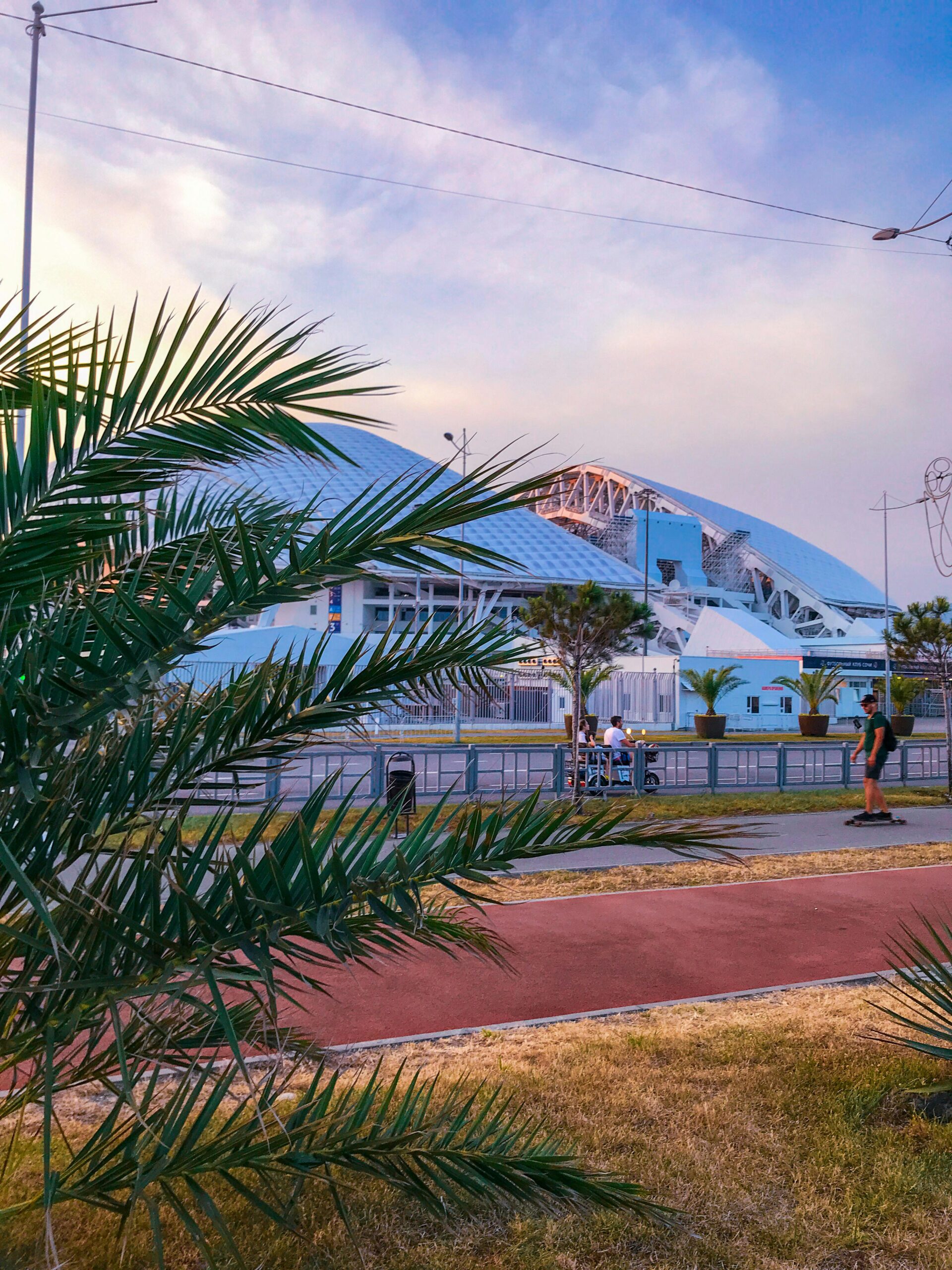 Stadion Fiszt w Parku Olimpijskim w Soczi otoczony subtropikalnymi palmami o zachodzie słońca